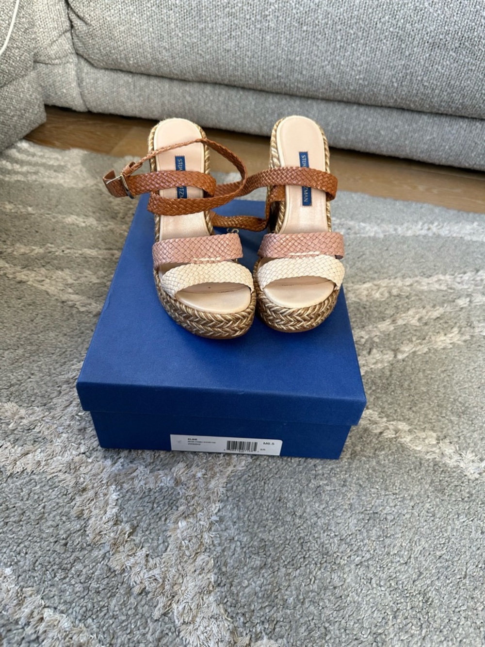 Stuart Weitzman Elise Brown, Tan & Cream Braided Wedge Sandals - Picture 1 of 9